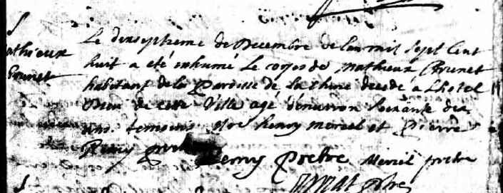acte de décès de Mathieu Brunet 17 décembre 1708 - Montréal acte de décès de Mathieu Brunet 17 décembre 1708 - Montréal