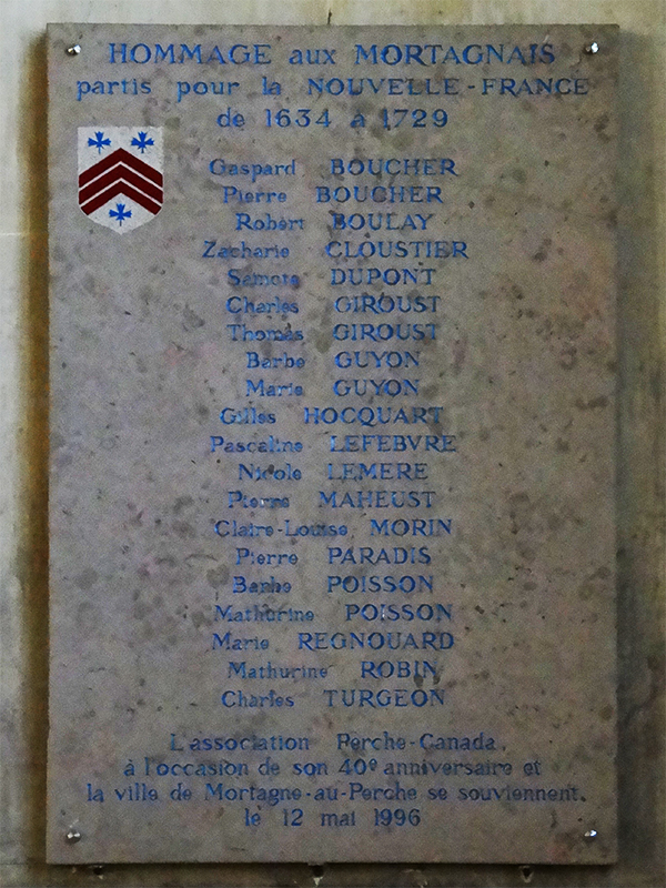 Plaque apposée à l'intérieur de l'église Notre-Dame de Mortagne-au-Perche