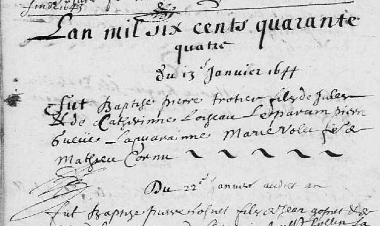 Acte de baptême de Pierre Trottier du 13 janvier 1644