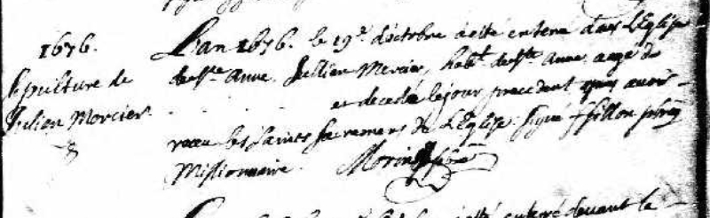Acte de décès de Julien Mercier du 18 octobre 1676