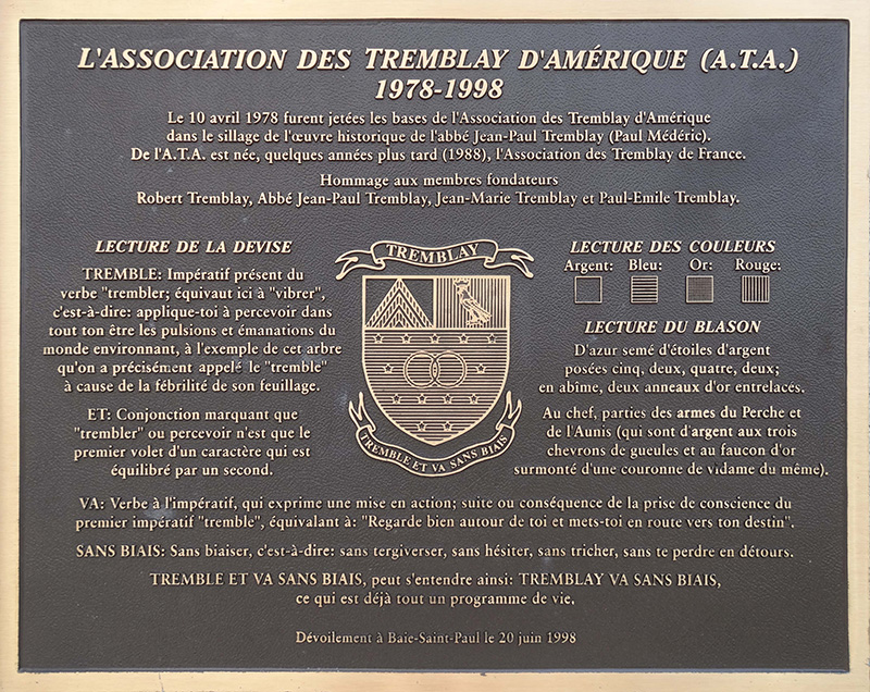Plaque de l'Association des Tremblay d'Amérique à Baie-Saint-Paul (Charlevoix) © 2014 www.perche-quebec.com