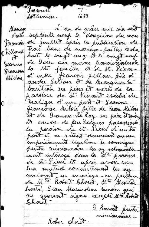 Copie de l'acte de mariage de François Felland et Jeanne-Françoise Miloy