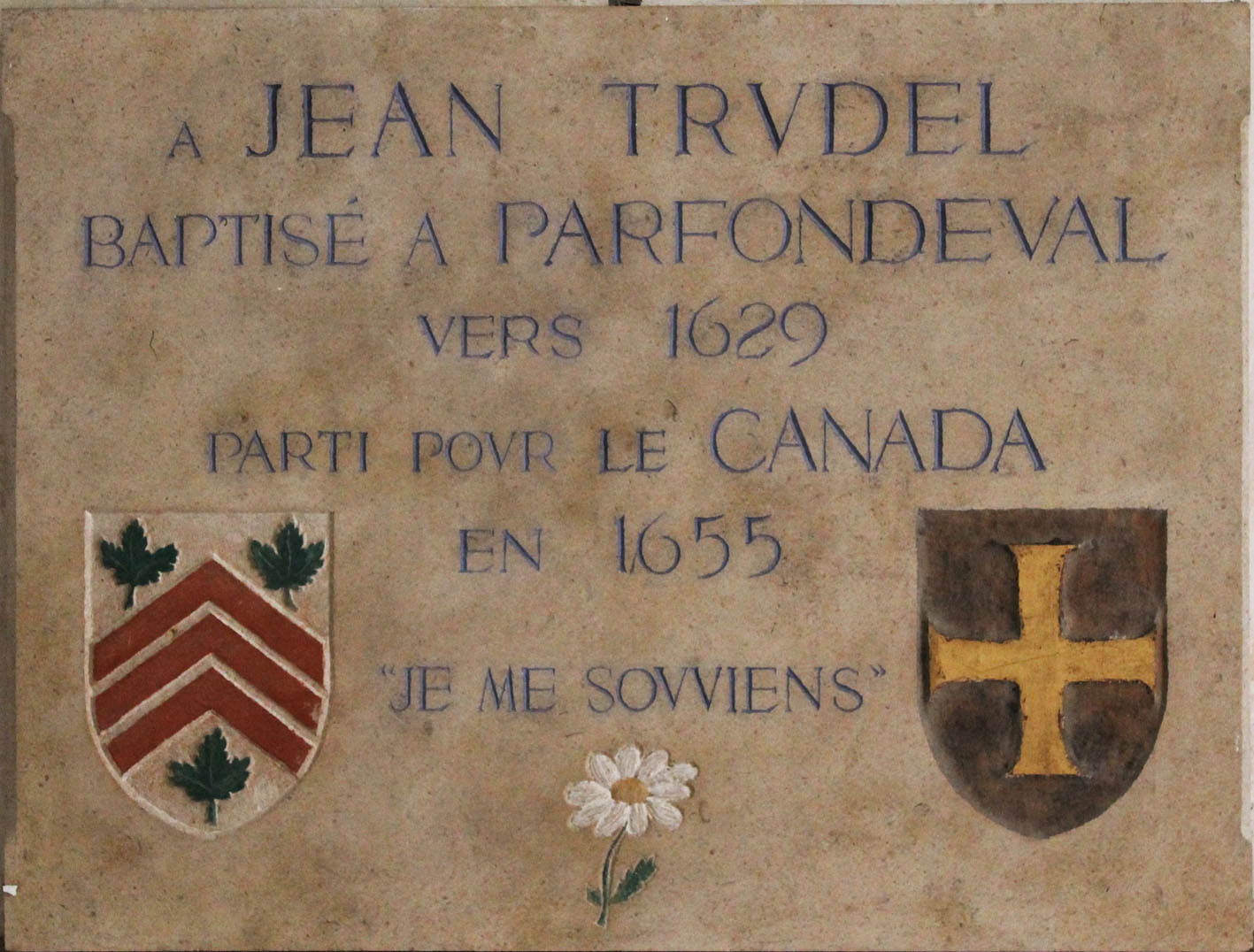 Plaque en l'honneur de Jean Trudel à l'intérieur de l'église de Parfondeval apposée le 16 mai 1995